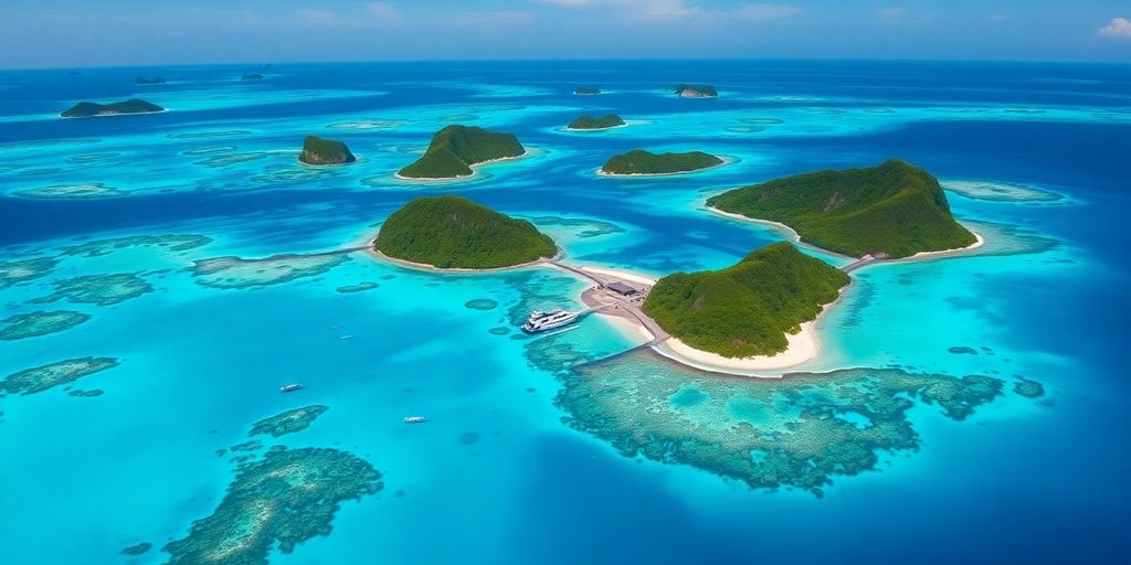 Aerial view of Raja Ampat's turquoise waters and lush islands.