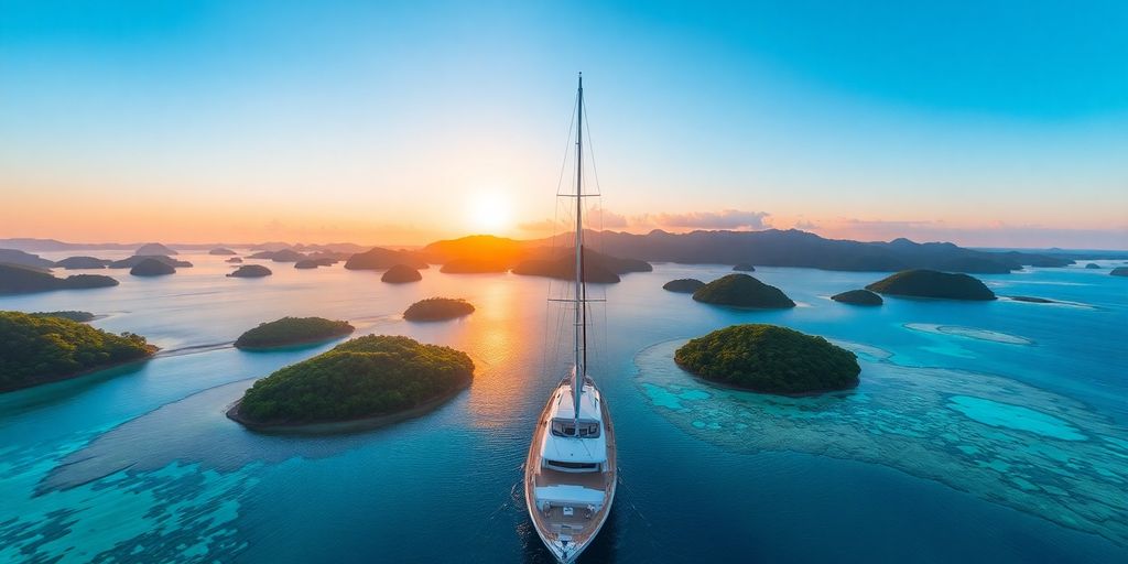 Luxury yacht in Raja Ampat's beautiful waters at sunset.