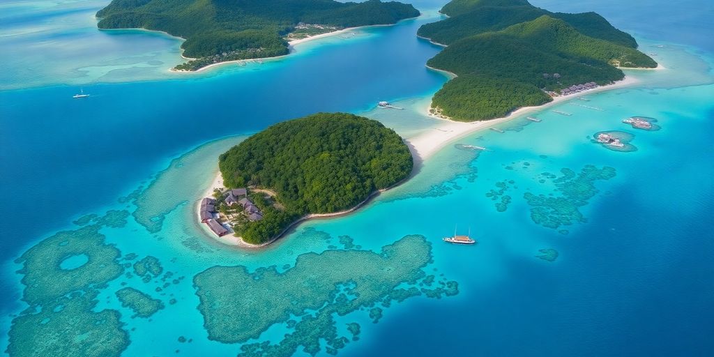 Aerial view of Raja Ampat's islands and turquoise waters.