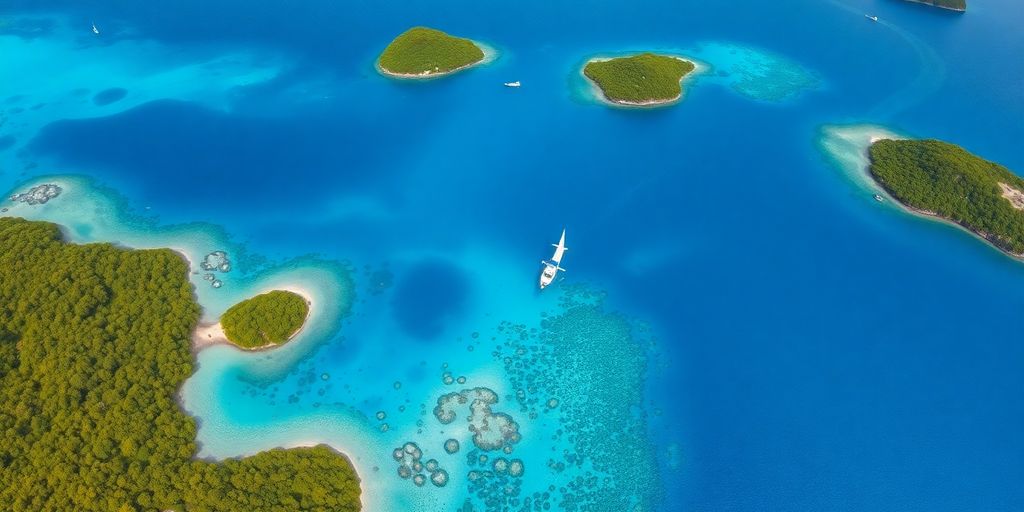 Aerial view of Raja Ampat's islands and turquoise waters.