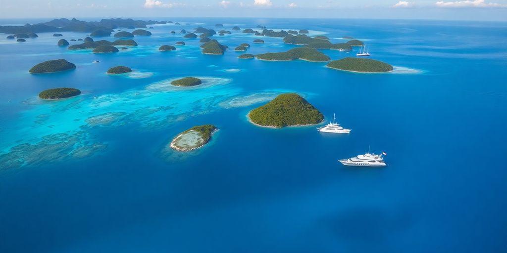 Aerial view of Raja Ampat's islands and liveaboard yachts.