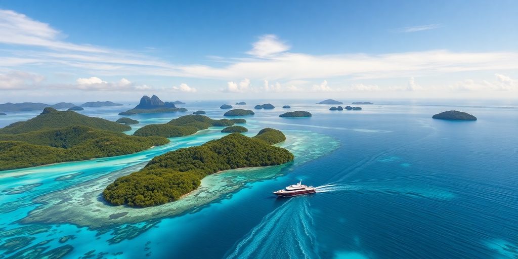 Aerial view of Raja Ampat's stunning islands and turquoise waters.