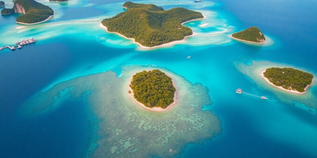 Aerial view of Raja Ampat's turquoise waters and islands.