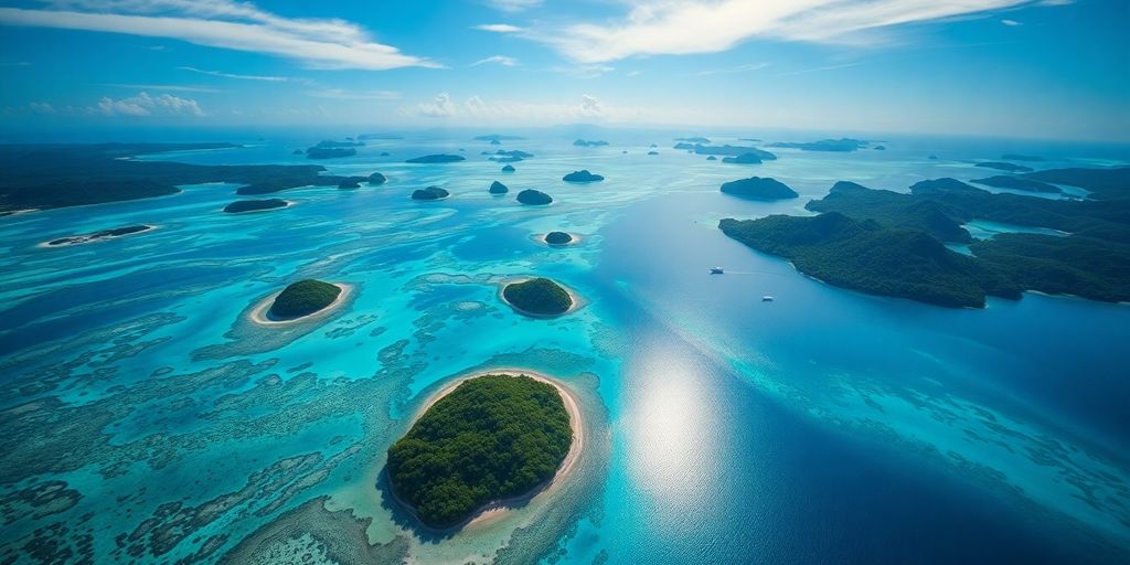 Aerial view of Raja Ampat’s islands and clear waters.