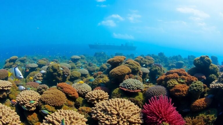 Raja Ampat coral reef with mining ship in background