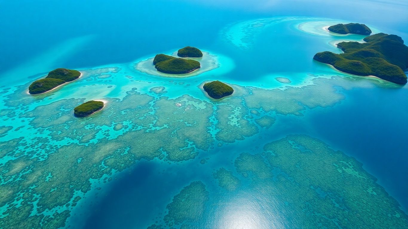 Aerial view of Raja Ampat islands and turquoise waters.