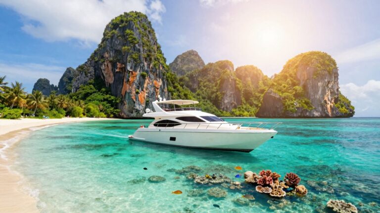 Luxury yacht sailing Raja Ampat's turquoise waters and islands.