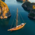 Phinisi yacht anchored among Raja Ampat karst islands at golden hour