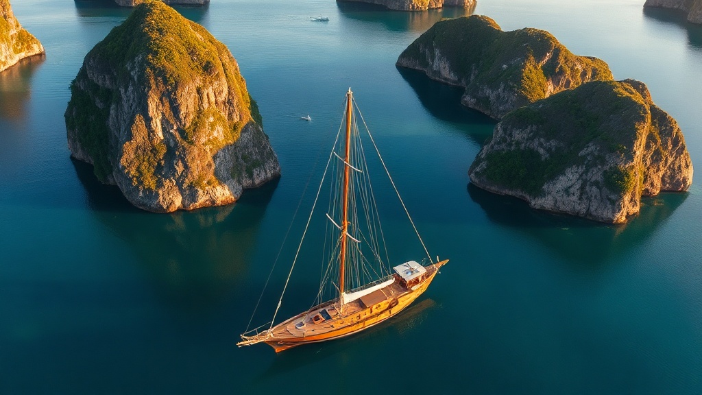 Phinisi yacht anchored among Raja Ampat karst islands at golden hour